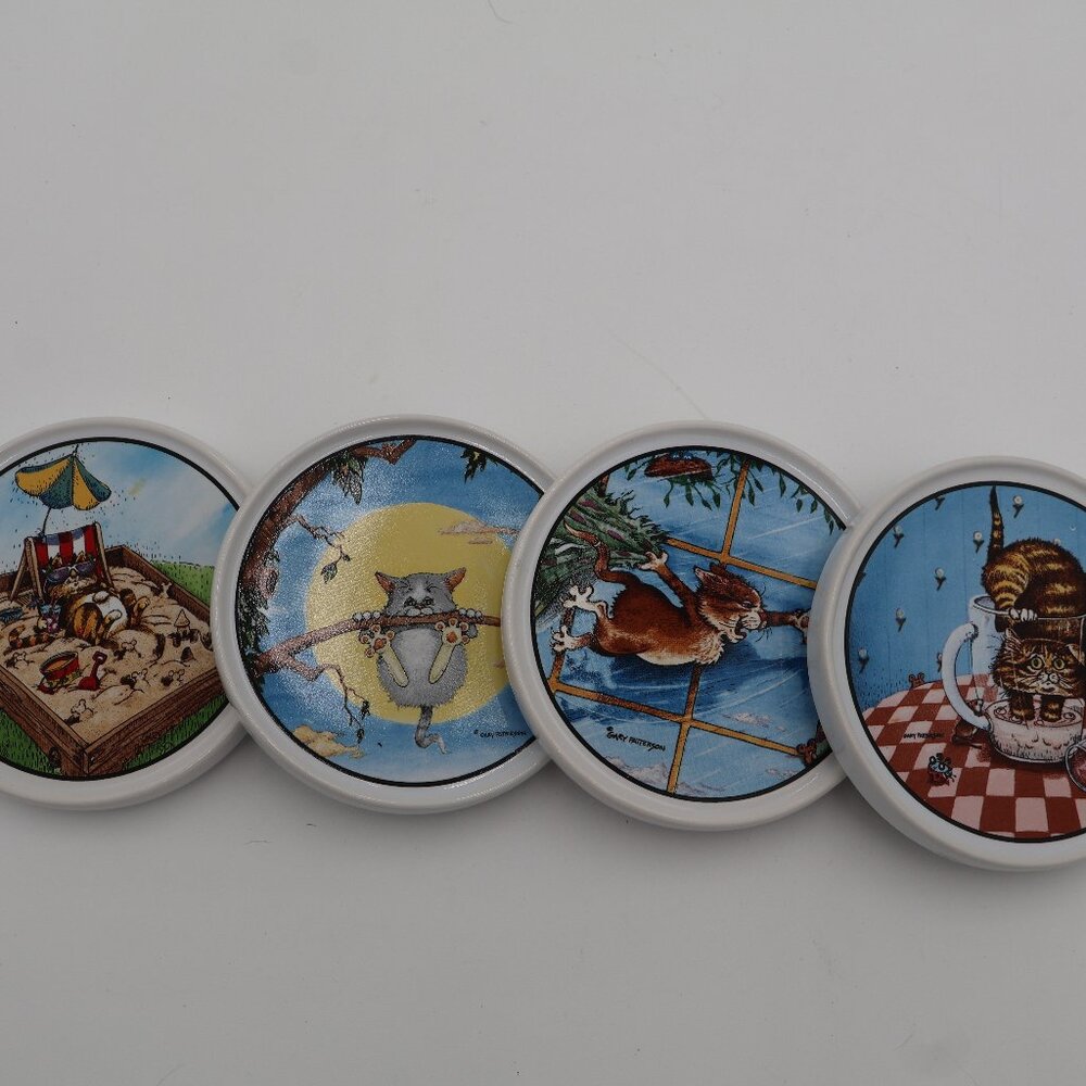 Set of 4 Gary Patterson Coasters, Cat Theme, Clay Design